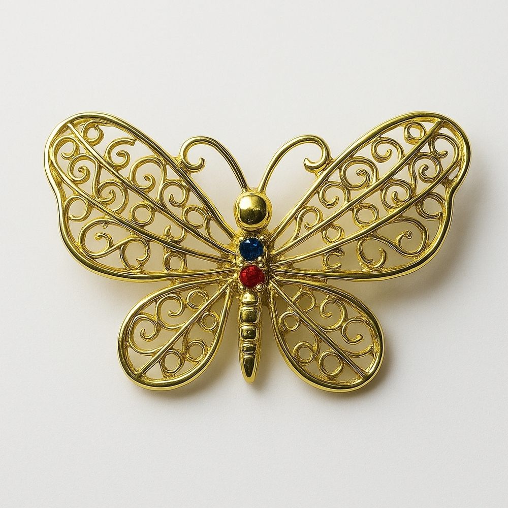 Vintage Dancraft Gold Filigree Butterfly Brooch‎ with Rhinestones